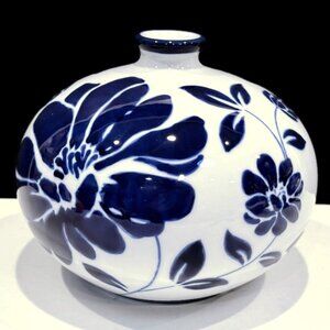 Blue and White Floral Vase, Globe Shaped, Narrow Neck, Cobalt Blue and White